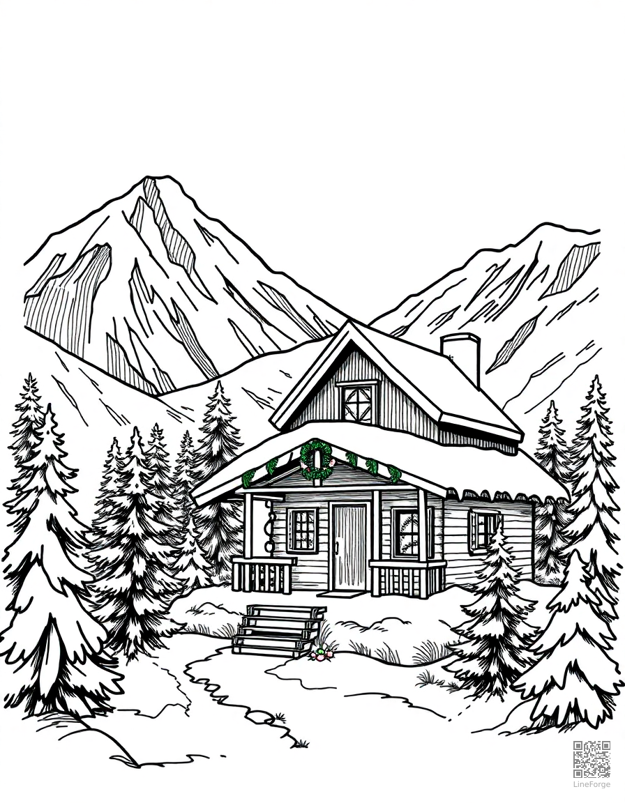 cozy christmas cabin in the mountains coloring page Crosshatch style - free printable