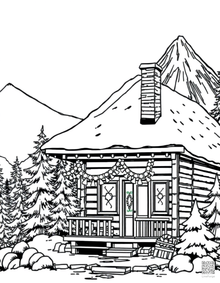 cozy christmas cabin in the mountains coloring page Manga style - free printable