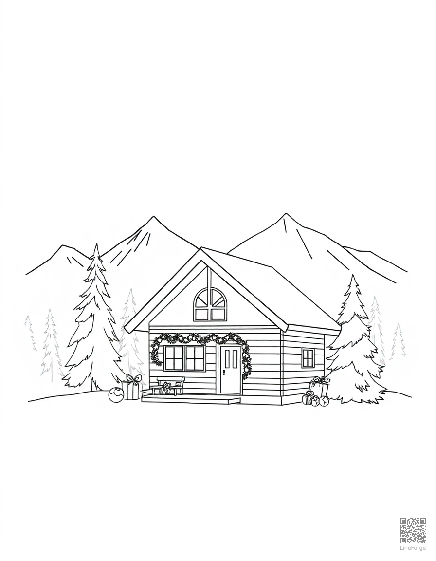 cozy christmas cabin in the mountains coloring page Minimal style - free printable