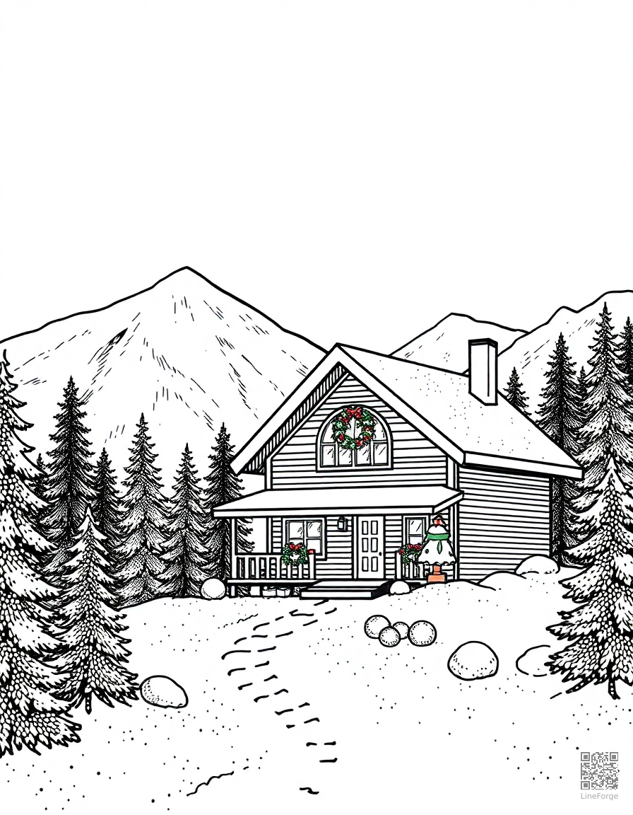 cozy christmas cabin in the mountains coloring page Stipple style - free printable
