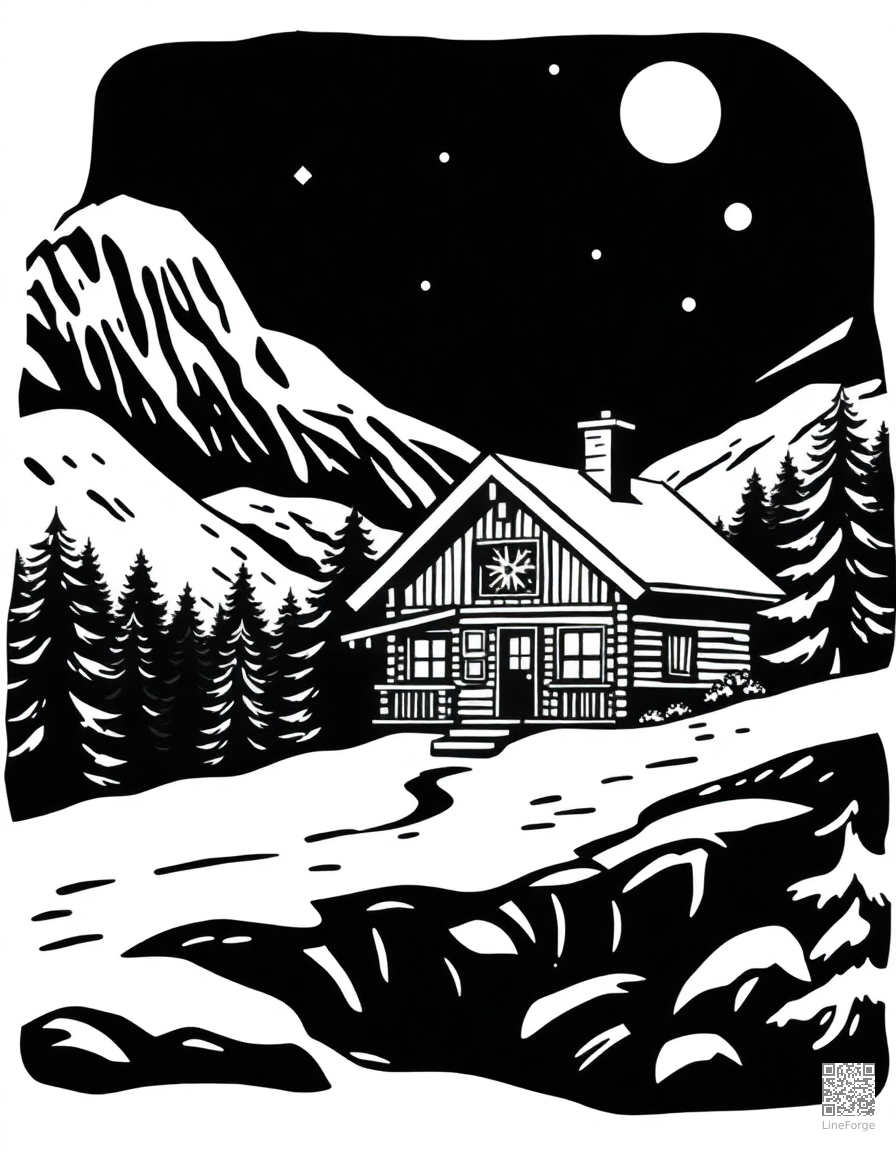 cozy christmas cabin in the mountains coloring page Woodcut style - free printable