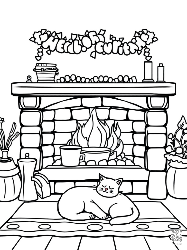Cozy fireplace with hot chocolate and sleeping cat coloring page Contour style - free printable