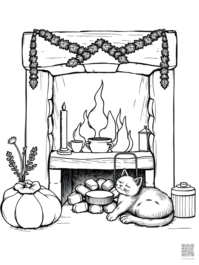 Cozy fireplace with hot chocolate and sleeping cat coloring page Crosshatch style - free printable