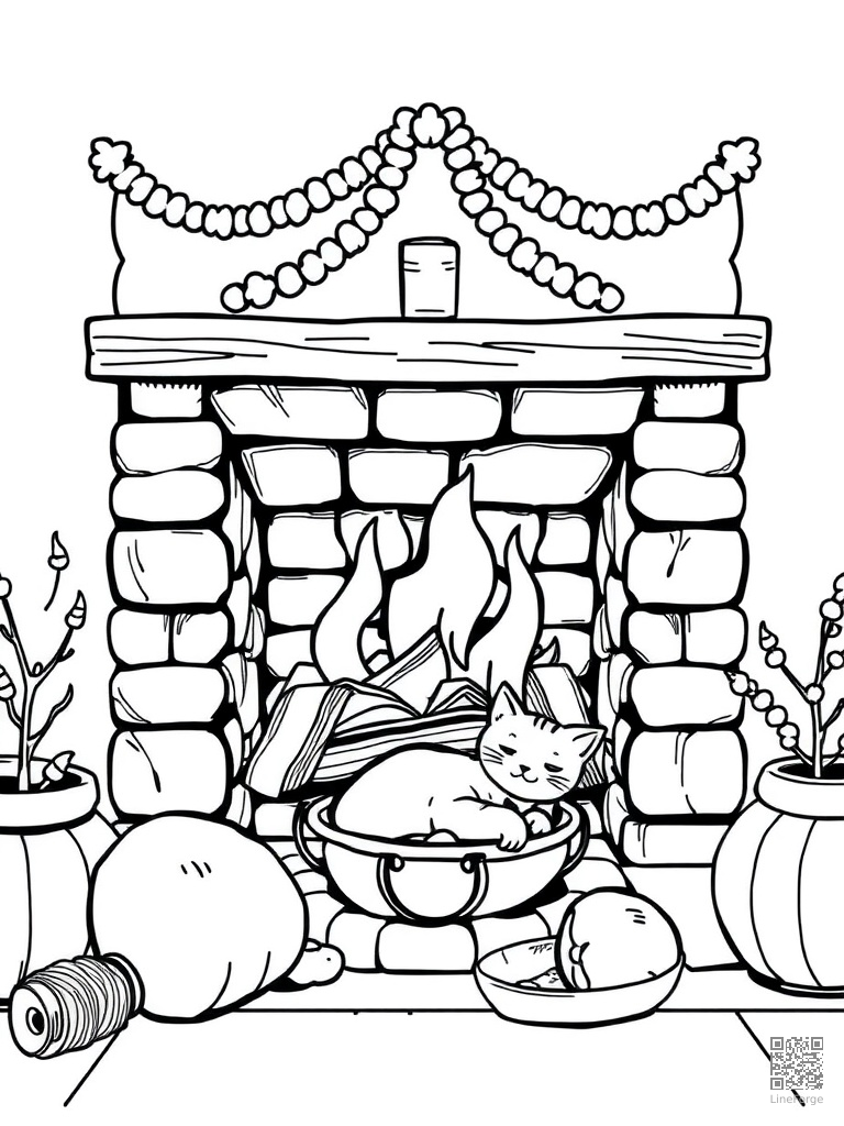 Cozy fireplace with hot chocolate and sleeping cat coloring page Manga style - free printable