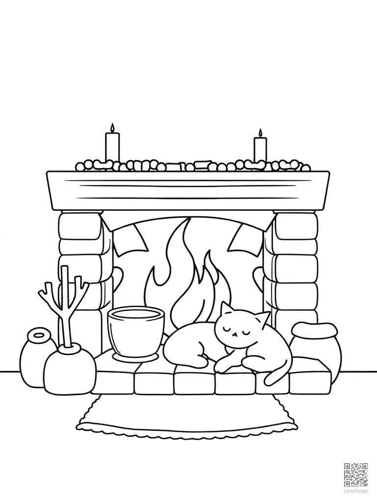 Cozy fireplace with hot chocolate and sleeping cat coloring page Minimal style - free printable