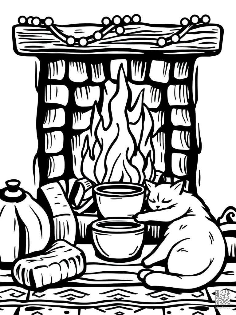 Cozy fireplace with hot chocolate and sleeping cat coloring page Woodcut style - free printable
