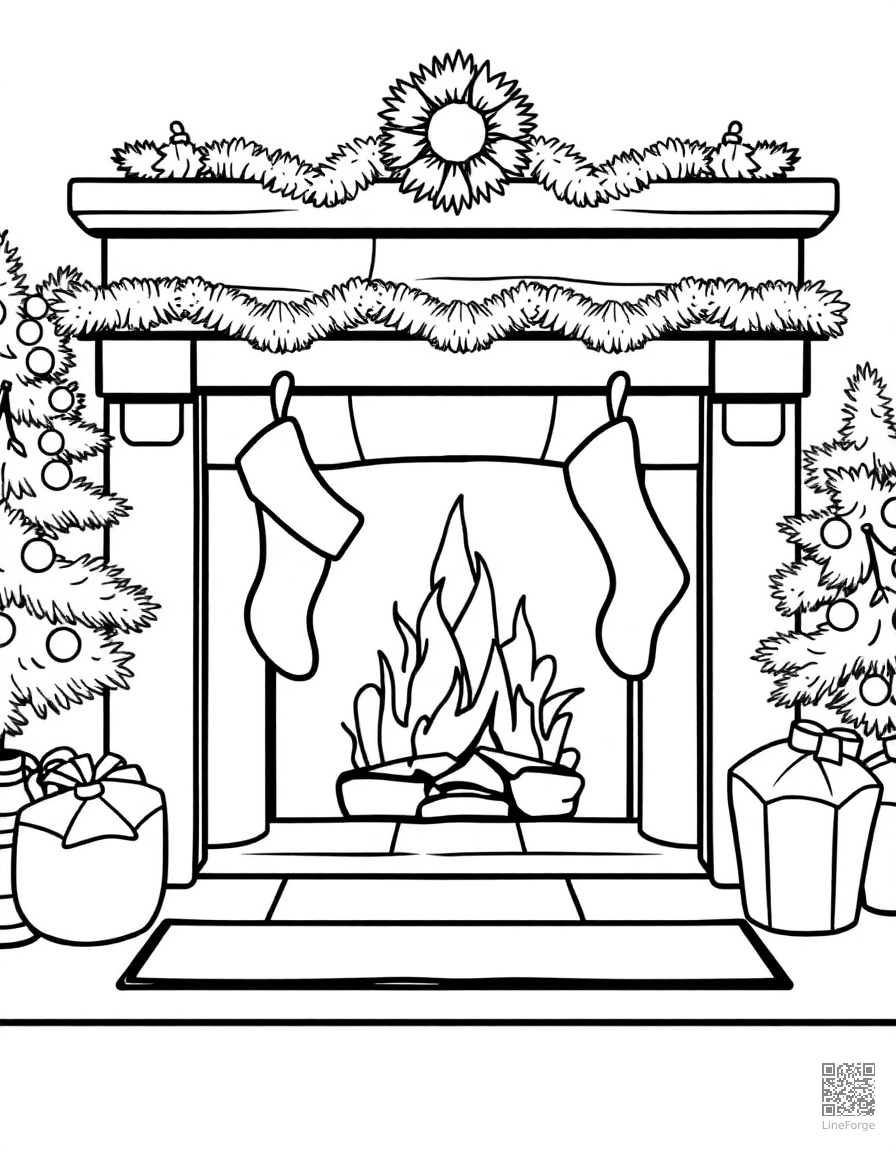 Cozy fireplace with stockings coloring page Contour style - free printable