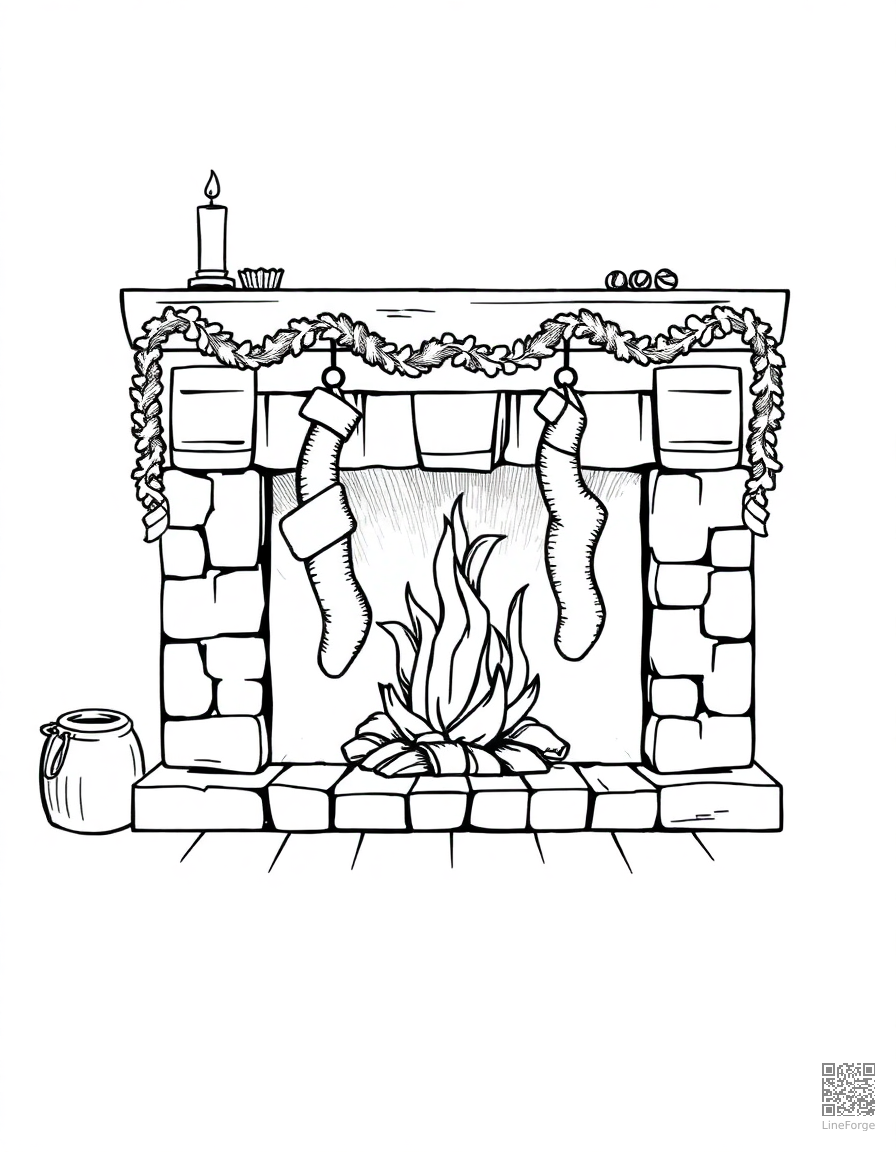 Cozy fireplace with stockings coloring page Crosshatch style - free printable
