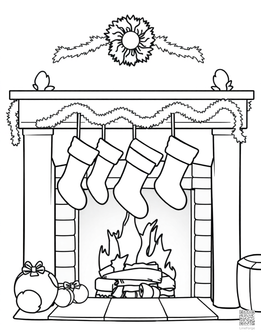 cozy fireplace with stockings hung coloring page Contour style - free printable