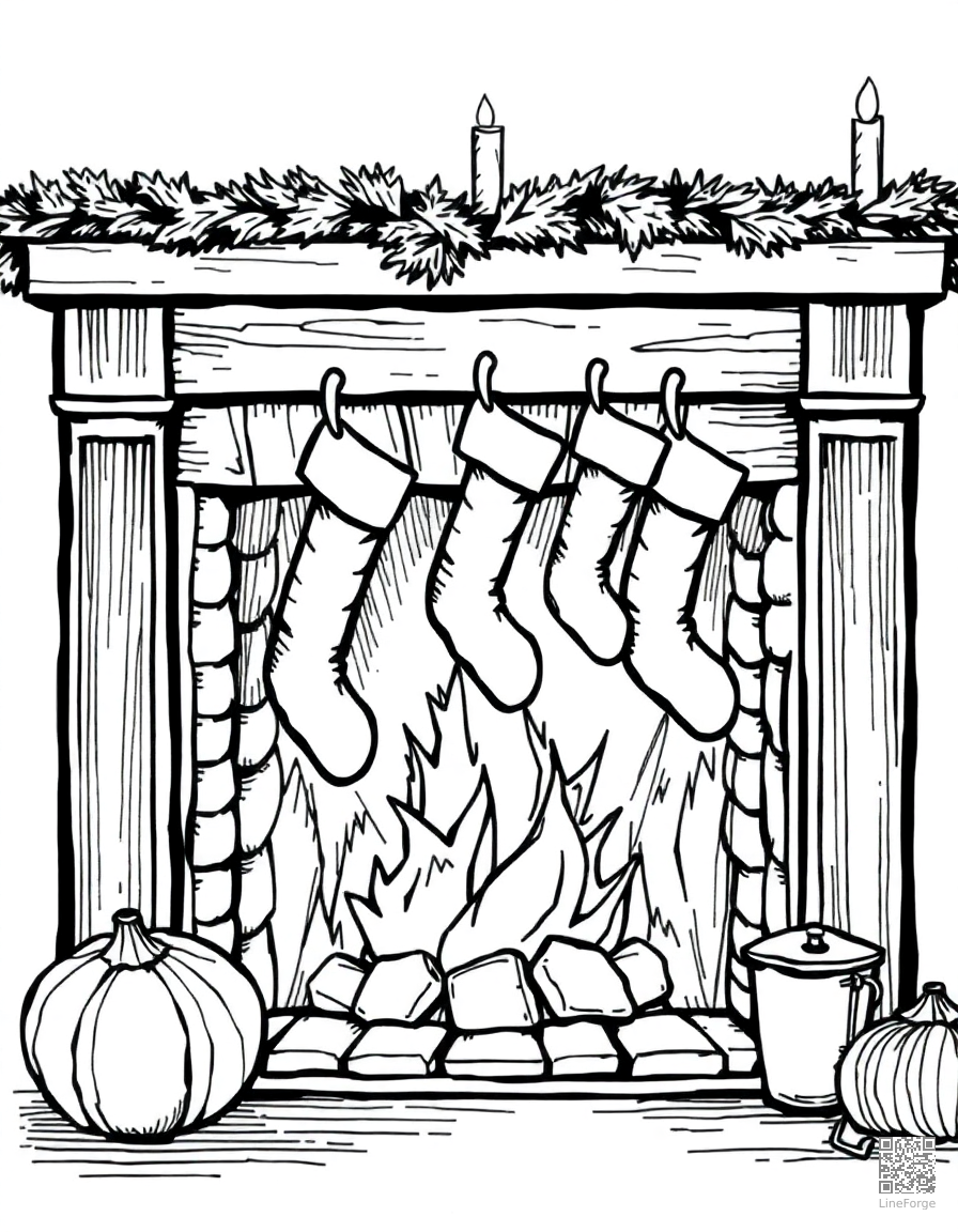 cozy fireplace with stockings hung coloring page Crosshatch style - free printable