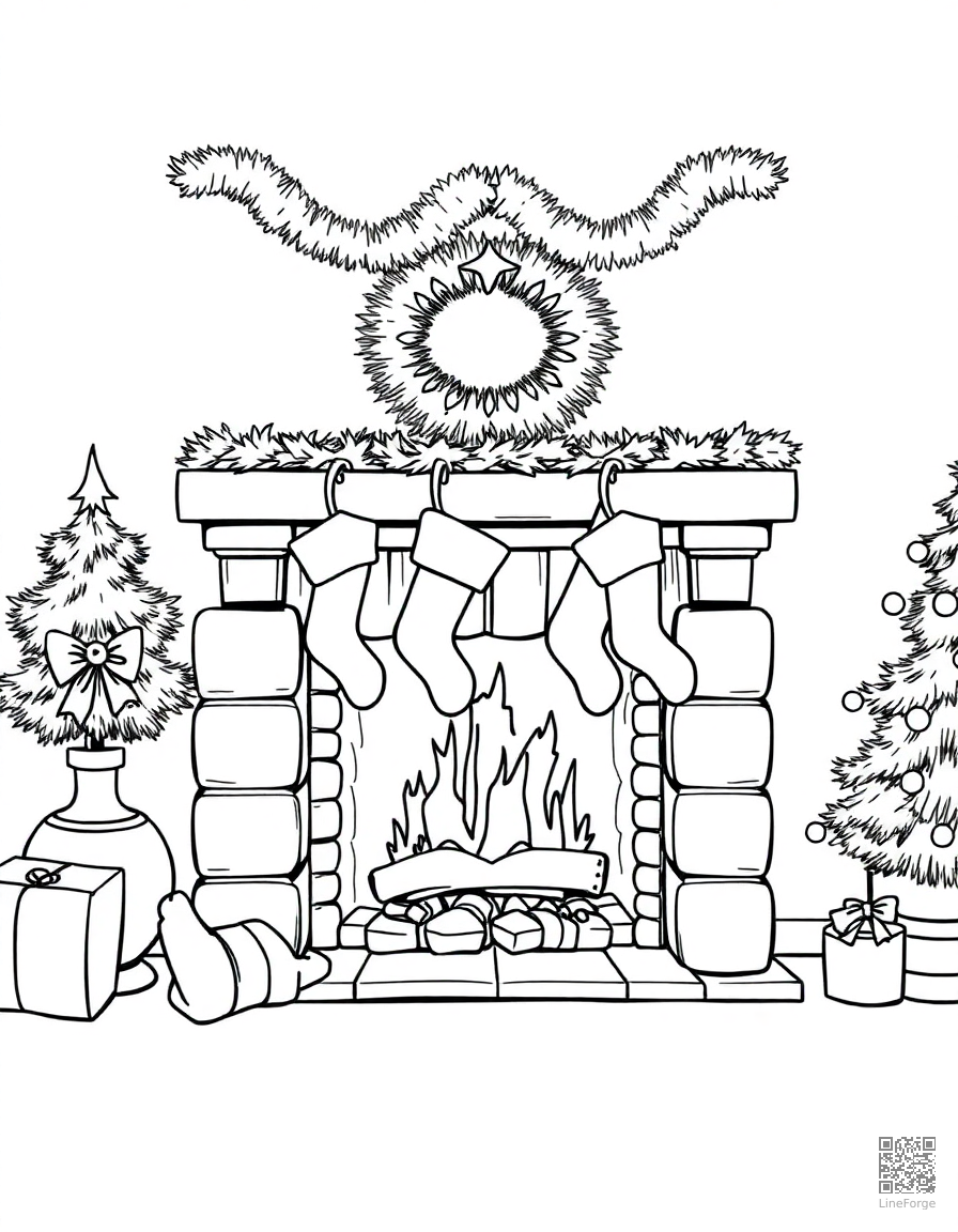 cozy fireplace with stockings hung coloring page Manga style - free printable