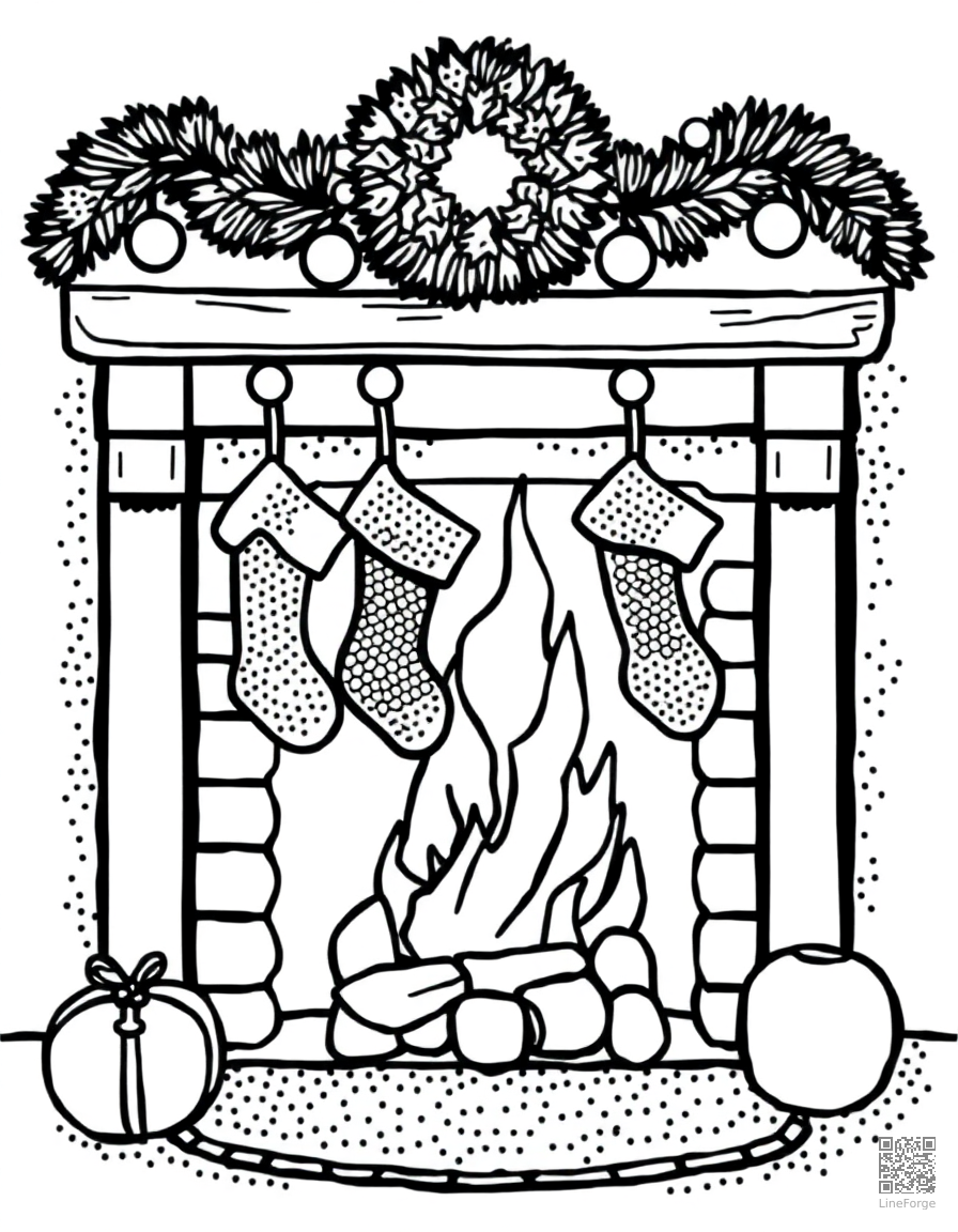 cozy fireplace with stockings hung coloring page Stipple style - free printable