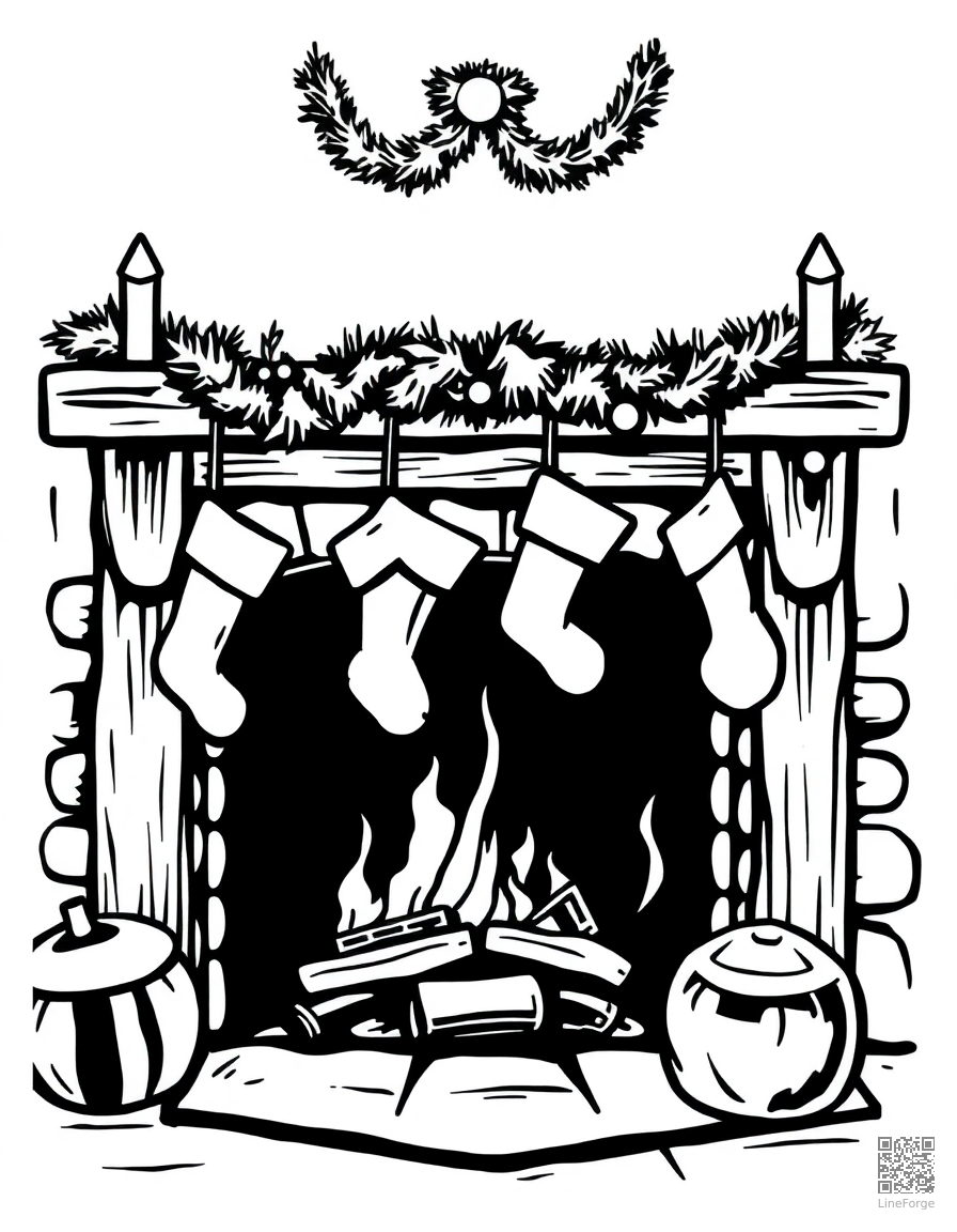 cozy fireplace with stockings hung coloring page Woodcut style - free printable