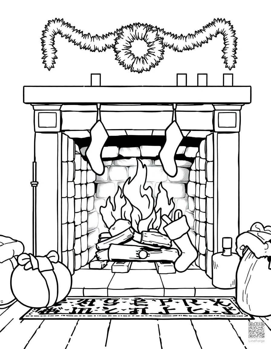 Cozy fireplace with stockings coloring page Manga style - free printable