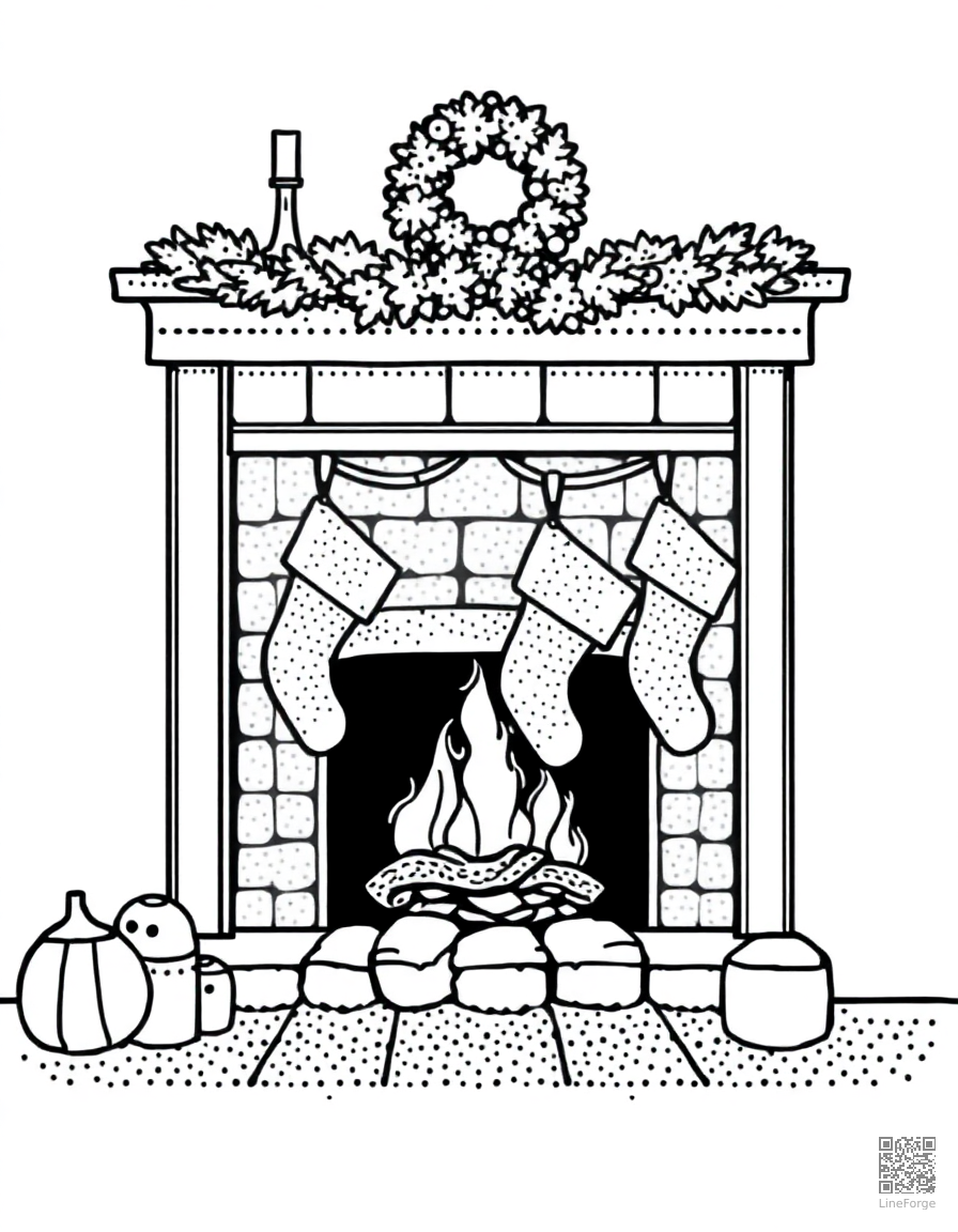 Cozy fireplace with stockings coloring page Stipple style - free printable