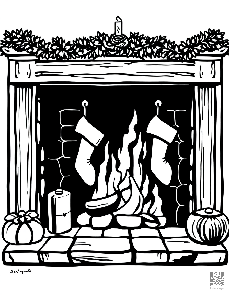 Cozy fireplace with stockings coloring page Woodcut style - free printable