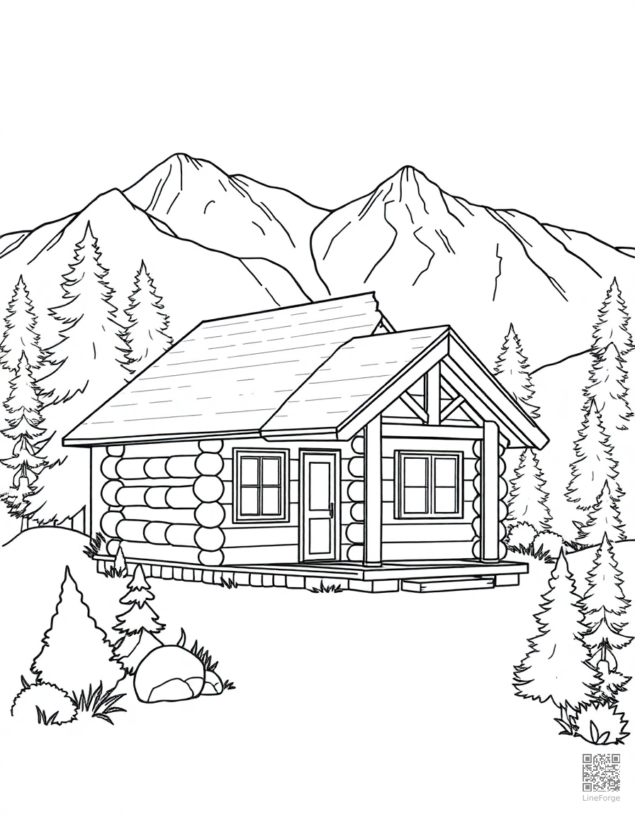 Free cozy log cabin in the mountains coloring page in contour style — printable line art