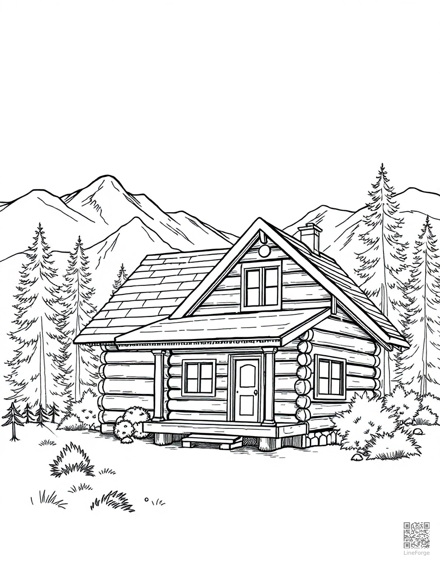 Free cozy log cabin in the mountains coloring page in crosshatch style — printable line art