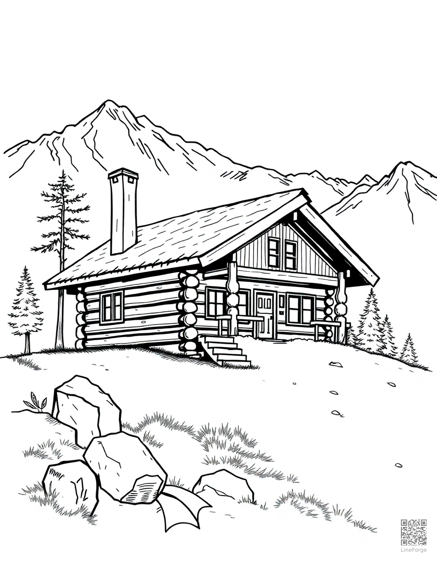 Free cozy log cabin in the mountains coloring page in manga style — printable line art