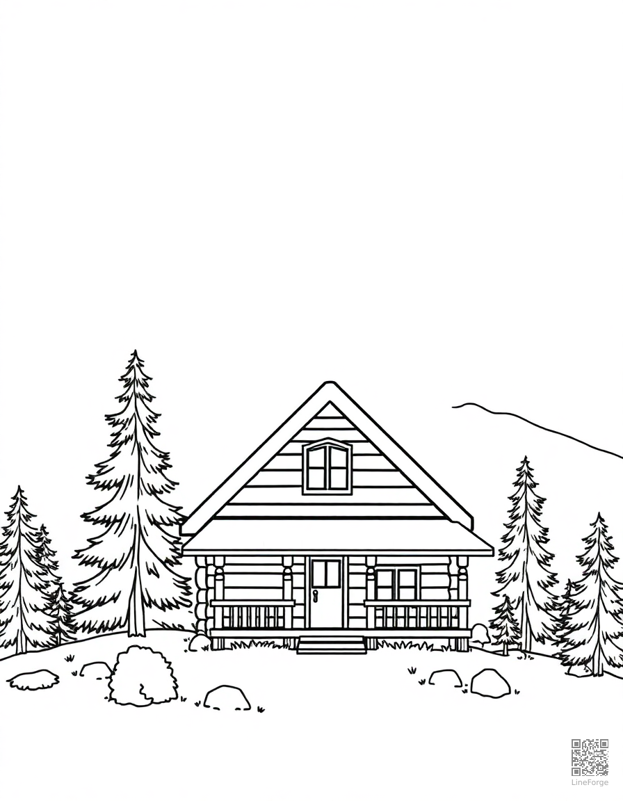 Free cozy log cabin in the mountains coloring page in minimal style — printable line art