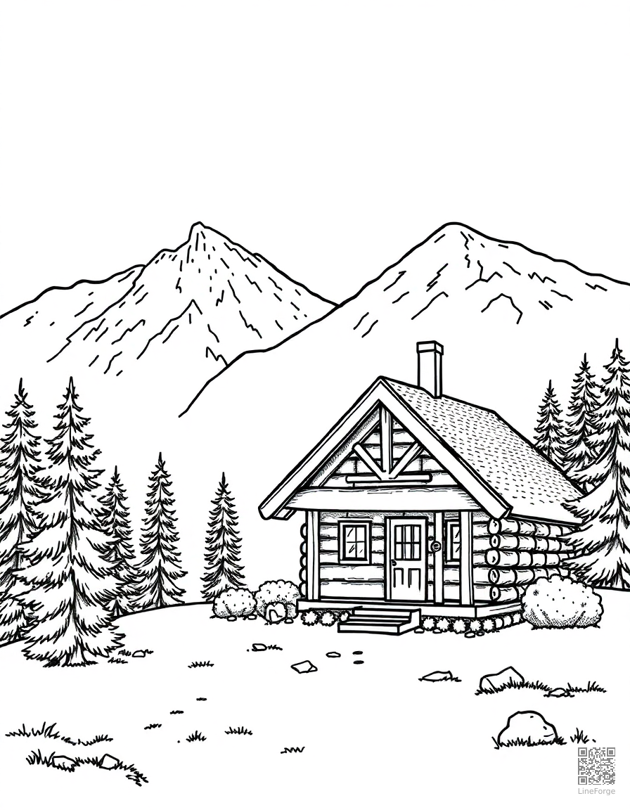 Free cozy log cabin in the mountains coloring page in stipple style — printable line art