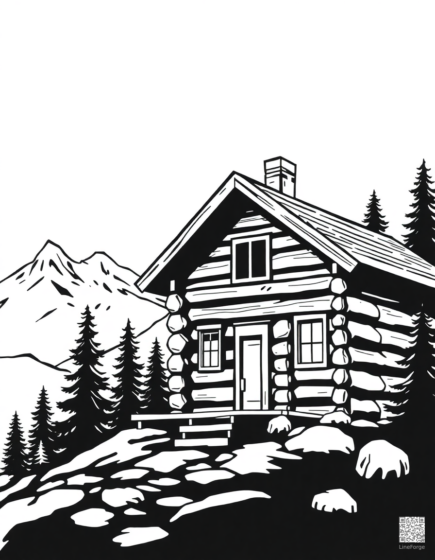 Free cozy log cabin in the mountains coloring page in woodcut style — printable line art