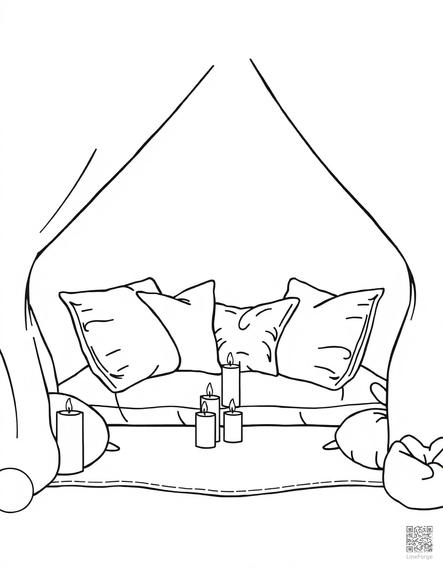 cozy reading nook with pillows and candles coloring page Contour style - free printable