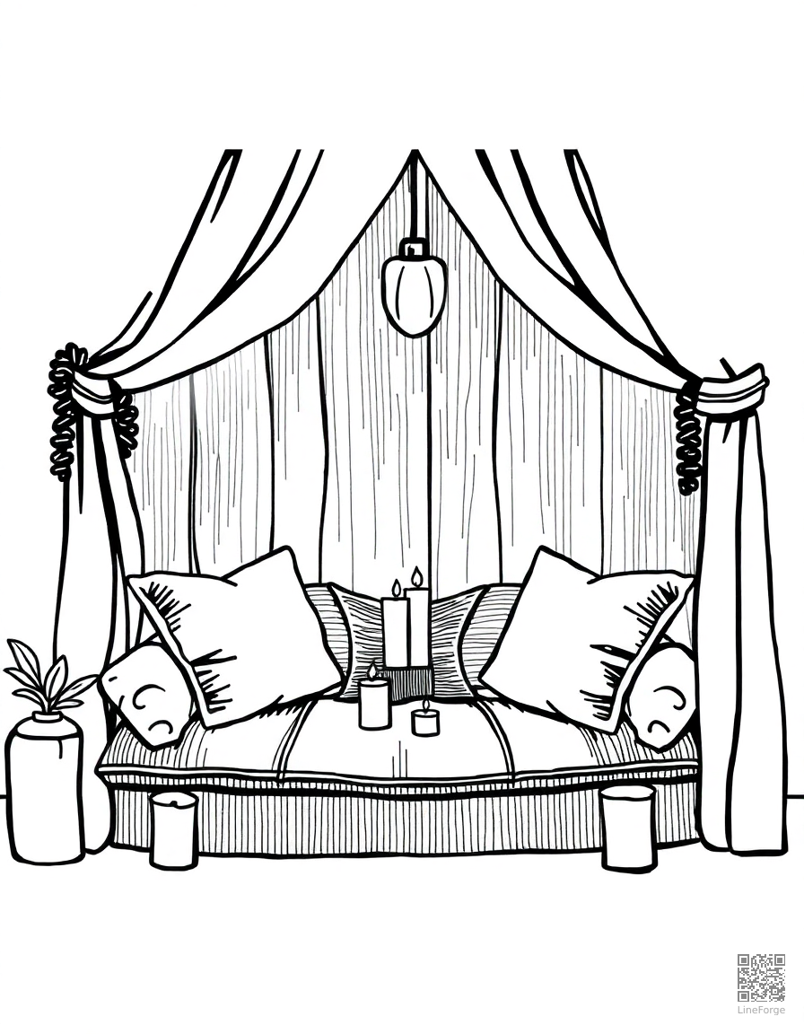 cozy reading nook with pillows and candles coloring page Crosshatch style - free printable