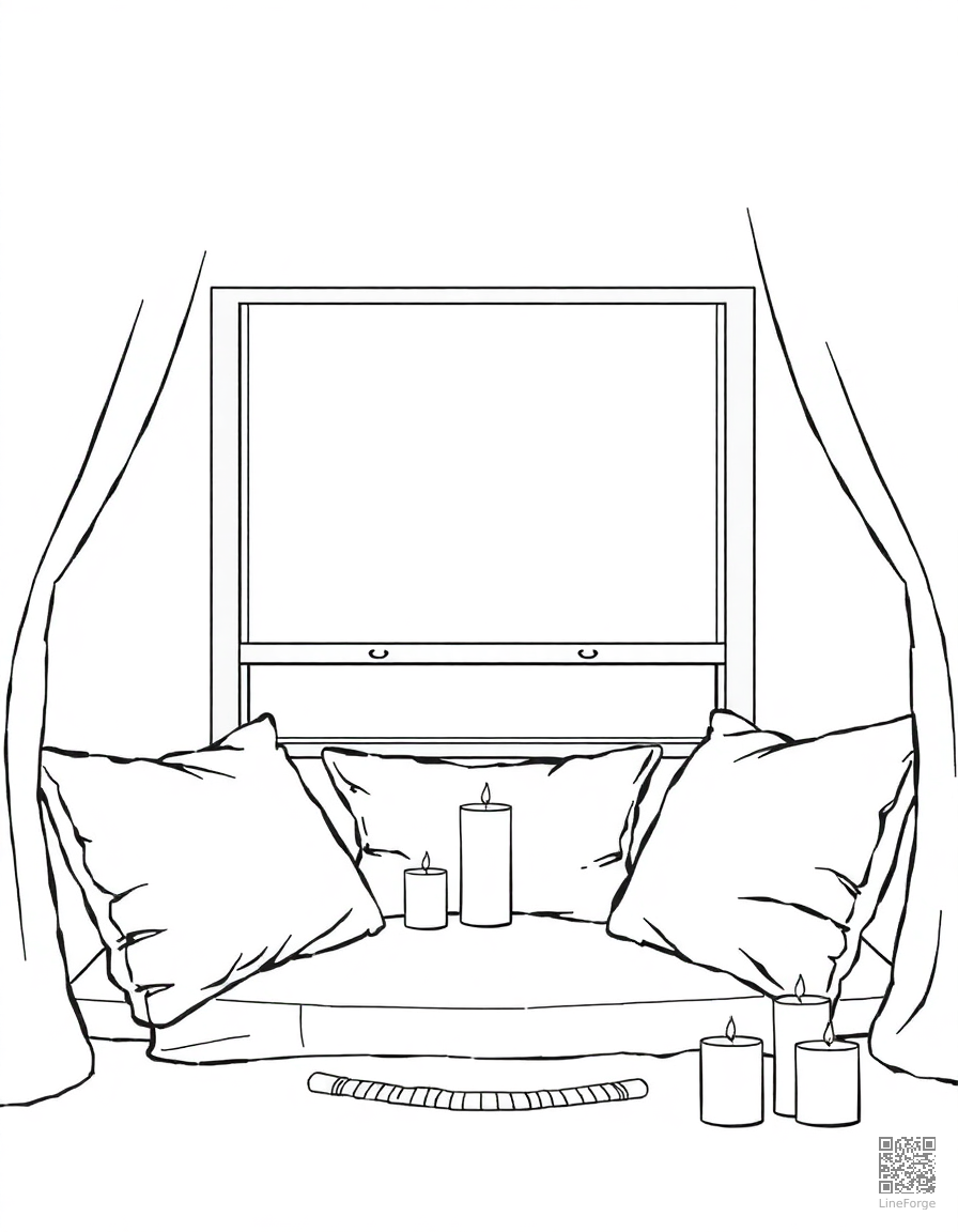cozy reading nook with pillows and candles coloring page Manga style - free printable