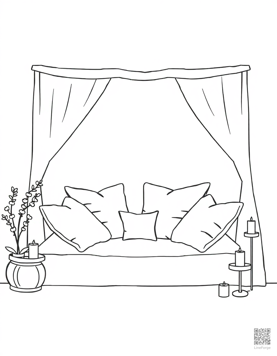 cozy reading nook with pillows and candles coloring page Minimal style - free printable