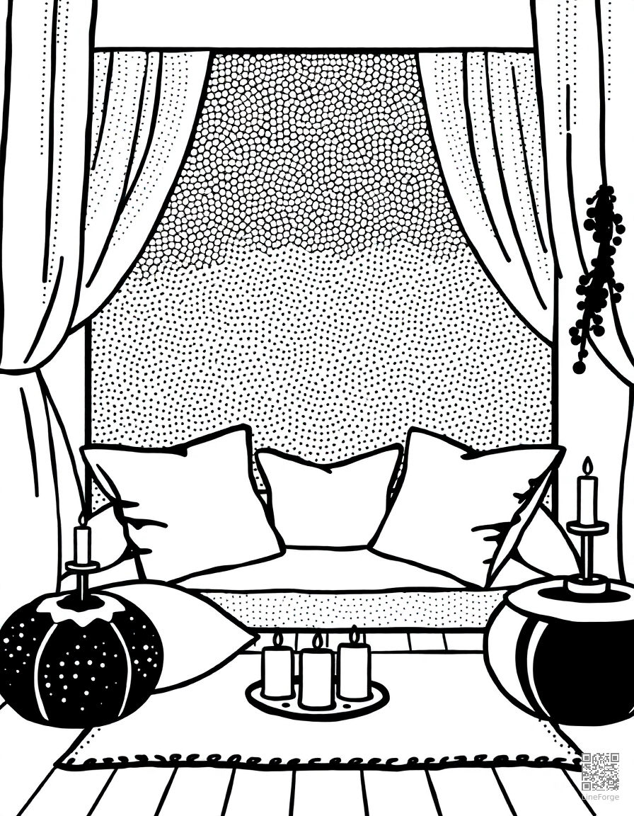 cozy reading nook with pillows and candles coloring page Stipple style - free printable