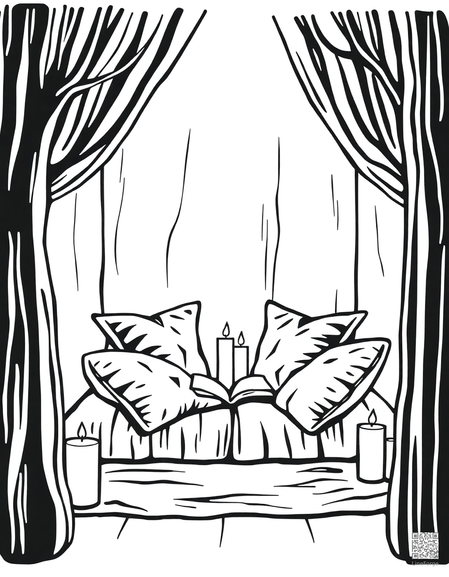 cozy reading nook with pillows and candles coloring page Woodcut style - free printable
