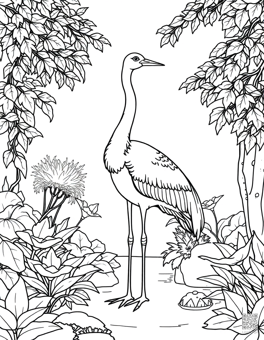 crane standing in a Japanese garden coloring page Contour style - free printable