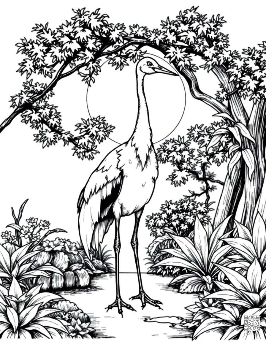 crane standing in a Japanese garden coloring page Crosshatch style - free printable