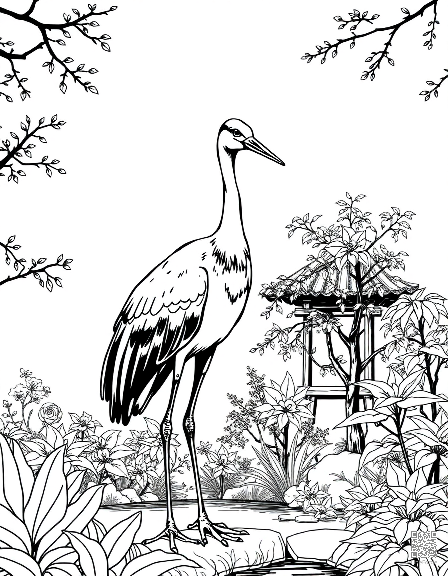 crane standing in a Japanese garden coloring page Manga style - free printable