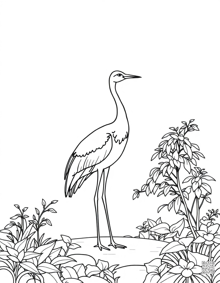 crane standing in a Japanese garden coloring page Minimal style - free printable