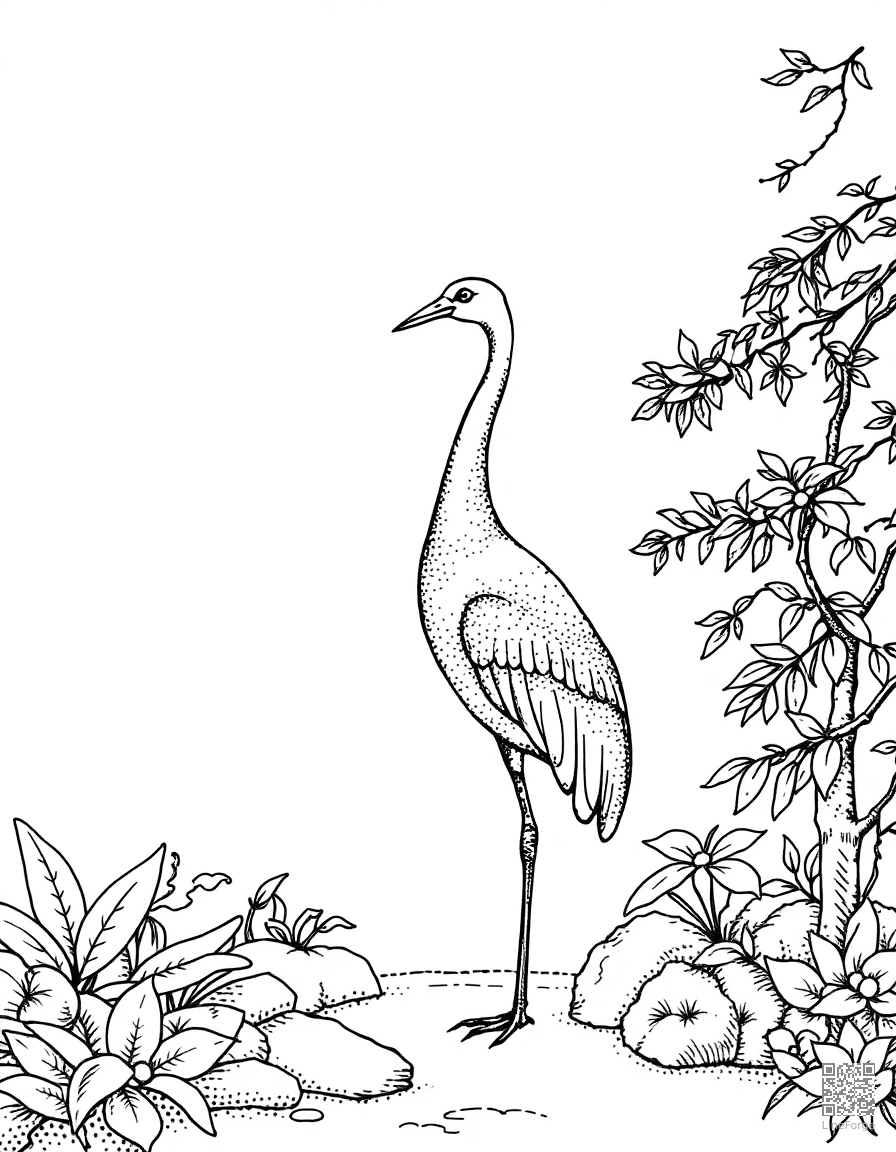 crane standing in a Japanese garden coloring page Stipple style - free printable