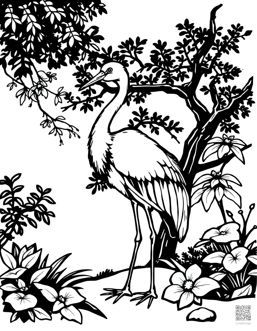 crane standing in a Japanese garden coloring page Woodcut style - free printable