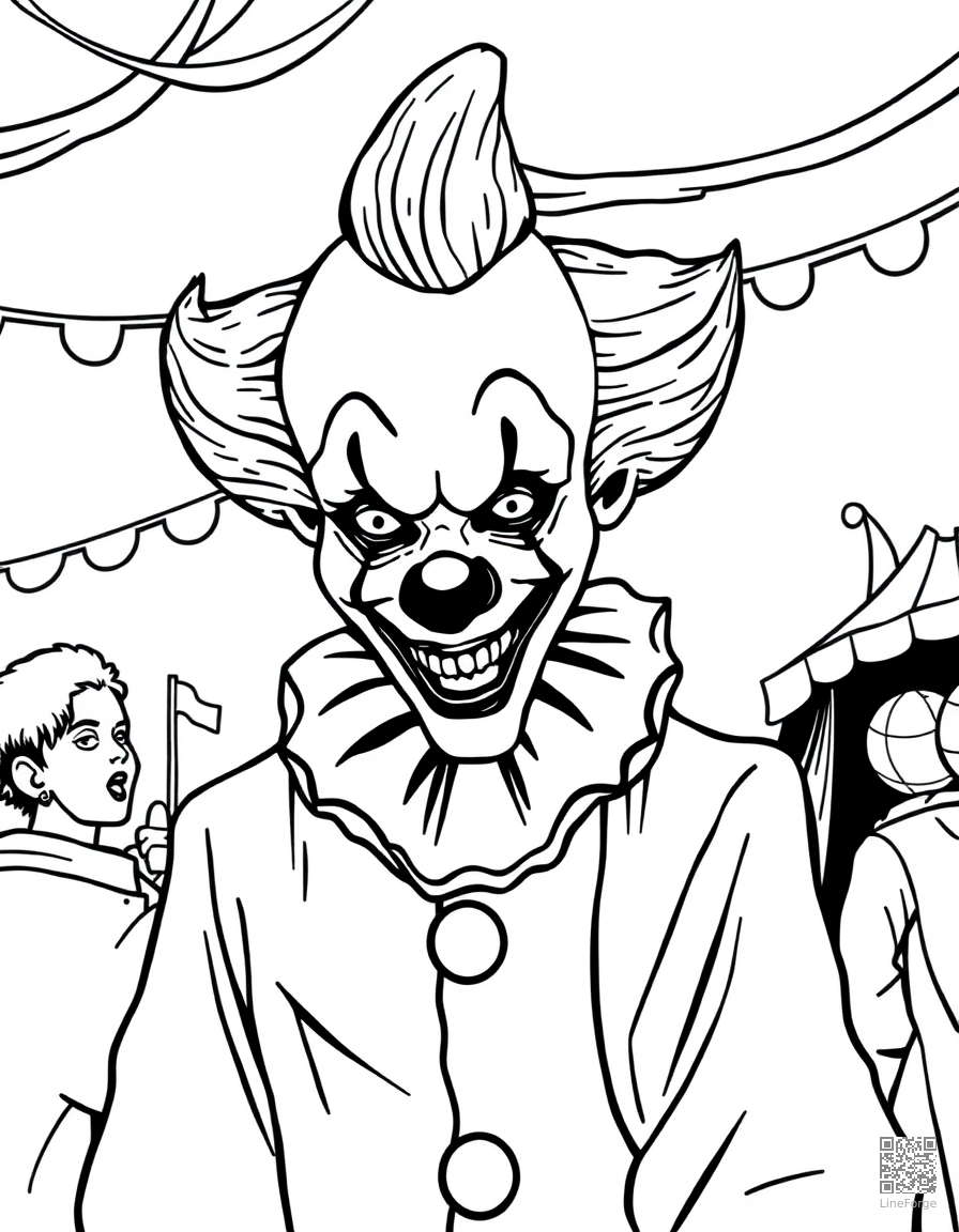 creepy clown at a carnival coloring page Contour style - free printable