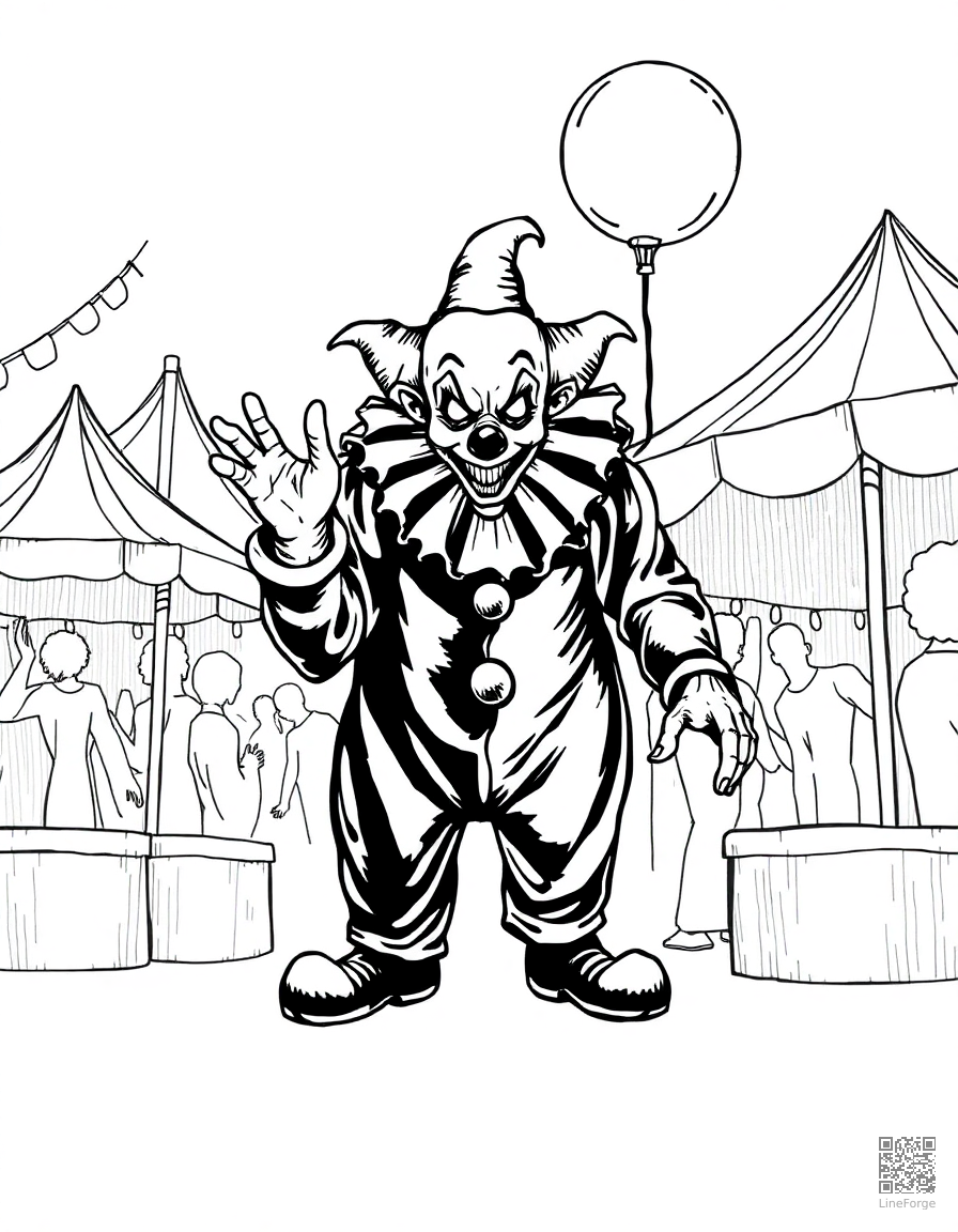 creepy clown at a carnival coloring page Crosshatch style - free printable