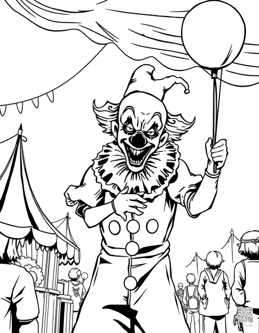 creepy clown at a carnival coloring page Manga style - free printable