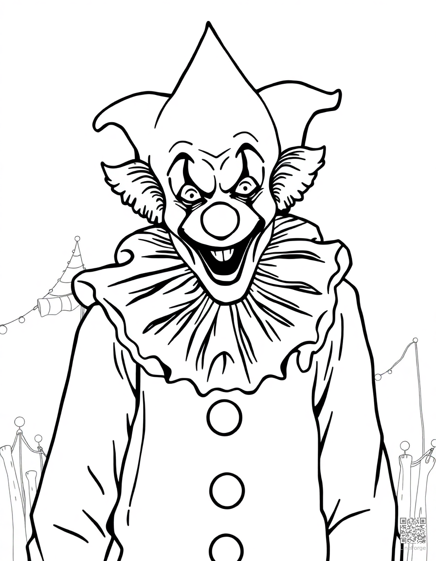 creepy clown at a carnival coloring page Minimal style - free printable