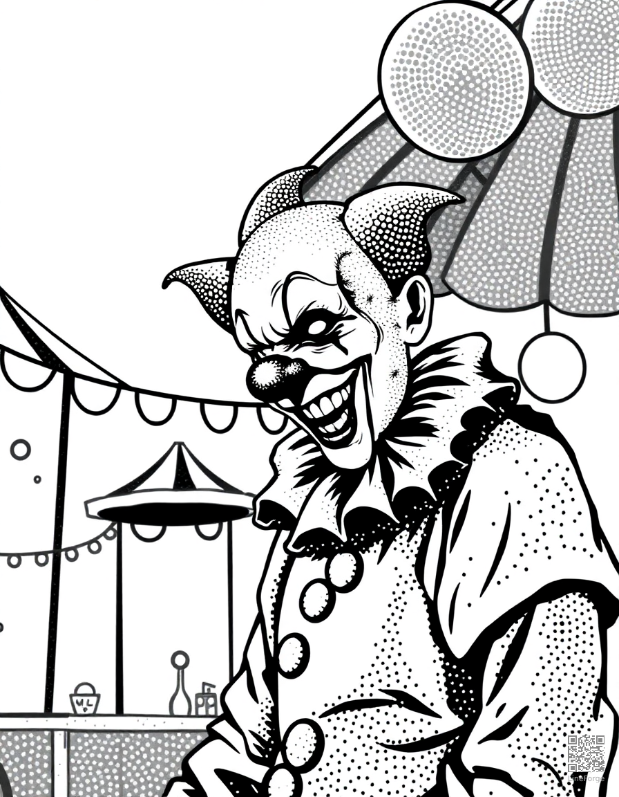 creepy clown at a carnival coloring page Stipple style - free printable