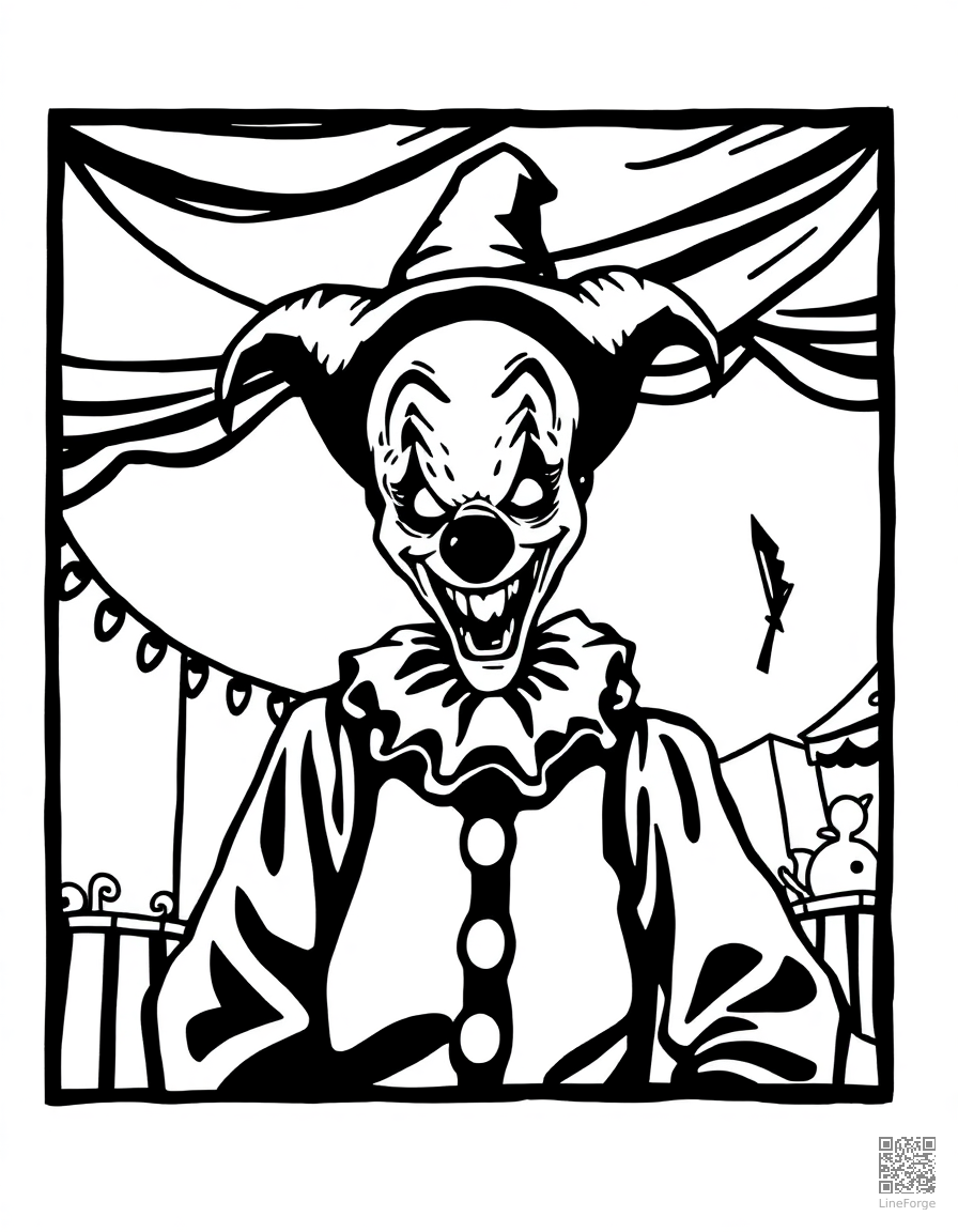 creepy clown at a carnival coloring page Woodcut style - free printable