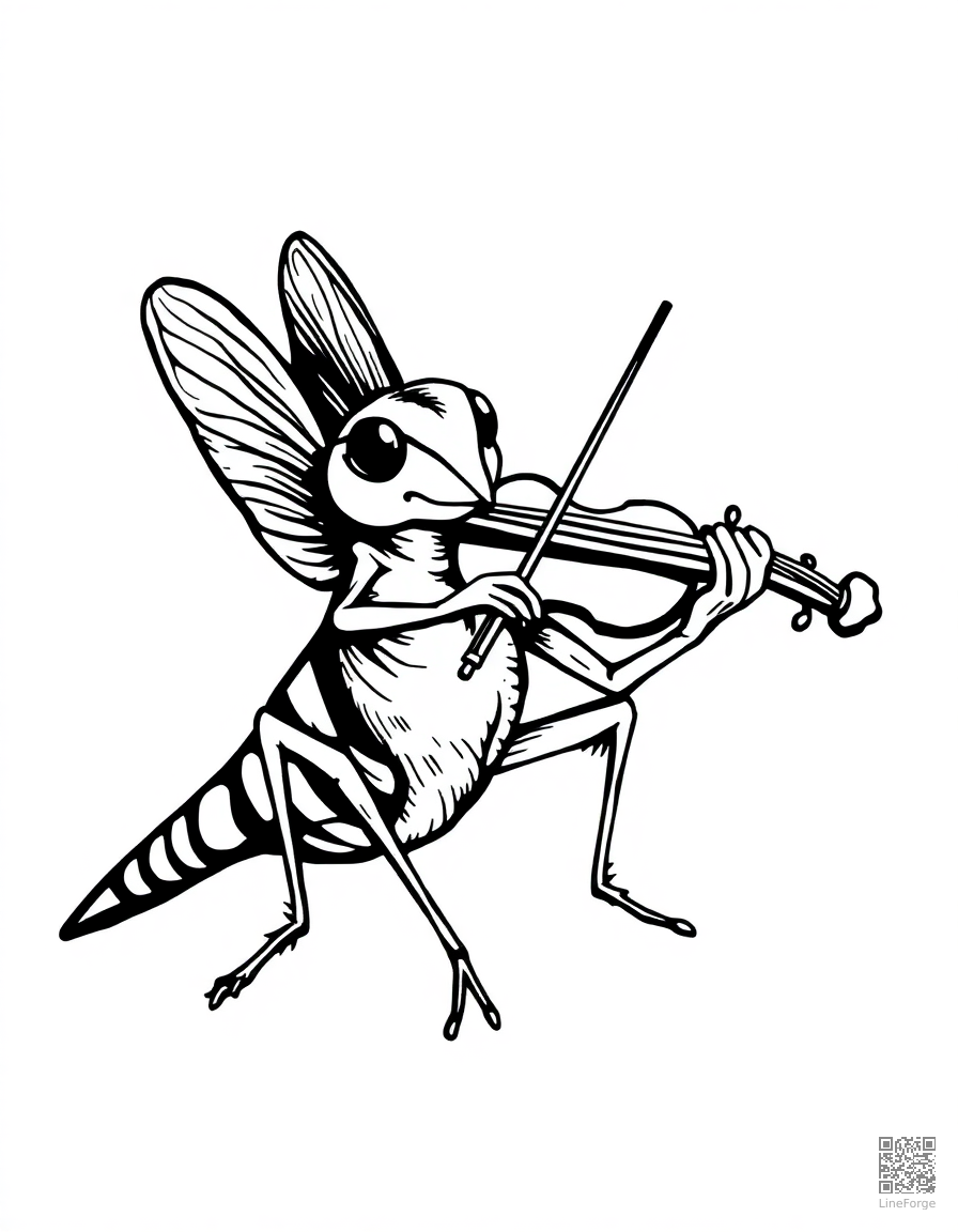 cricket playing a tiny violin coloring page Woodcut style - free printable