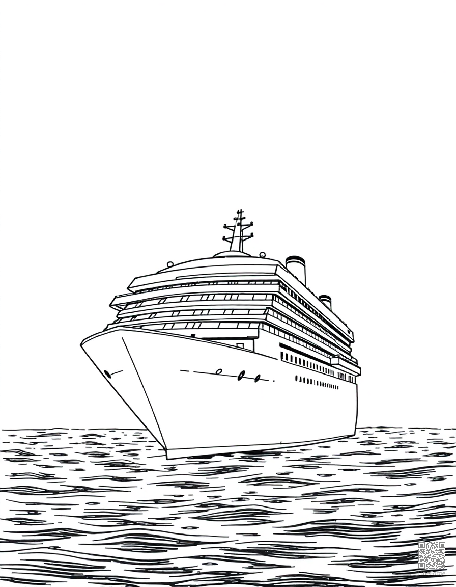 cruise ship on the open ocean coloring page Crosshatch style - free printable