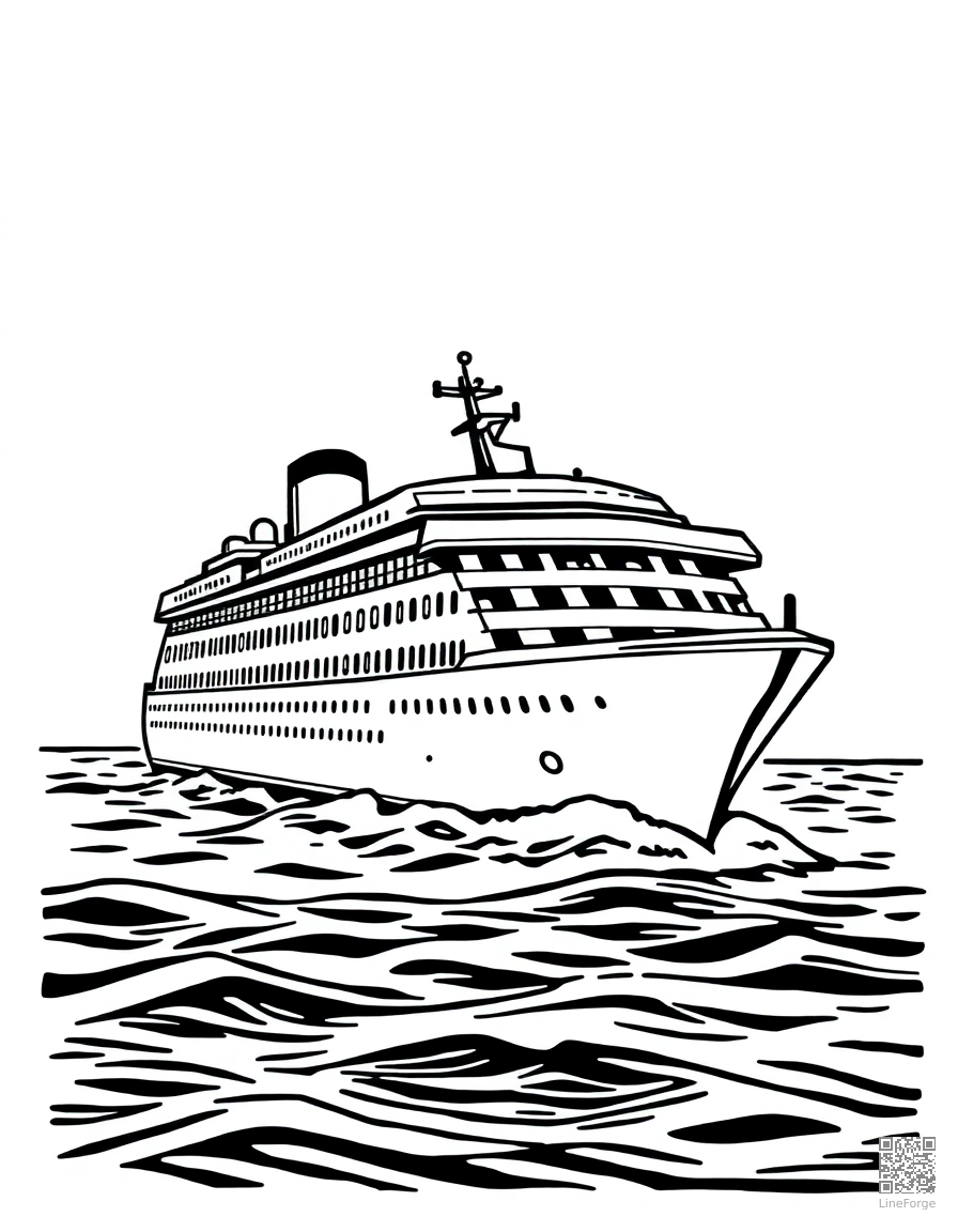 cruise ship on the open ocean coloring page Woodcut style - free printable