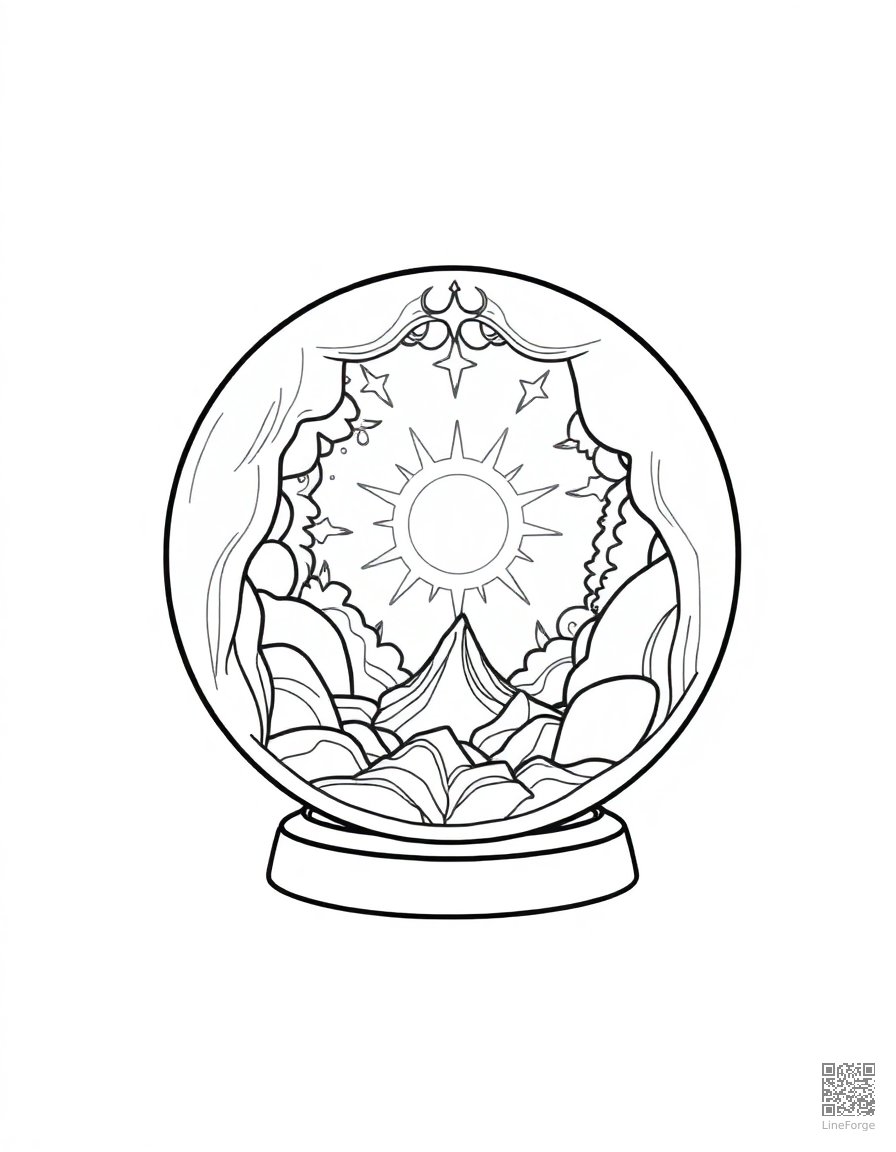 crystal ball showing a magical vision coloring page Contour style - free printable