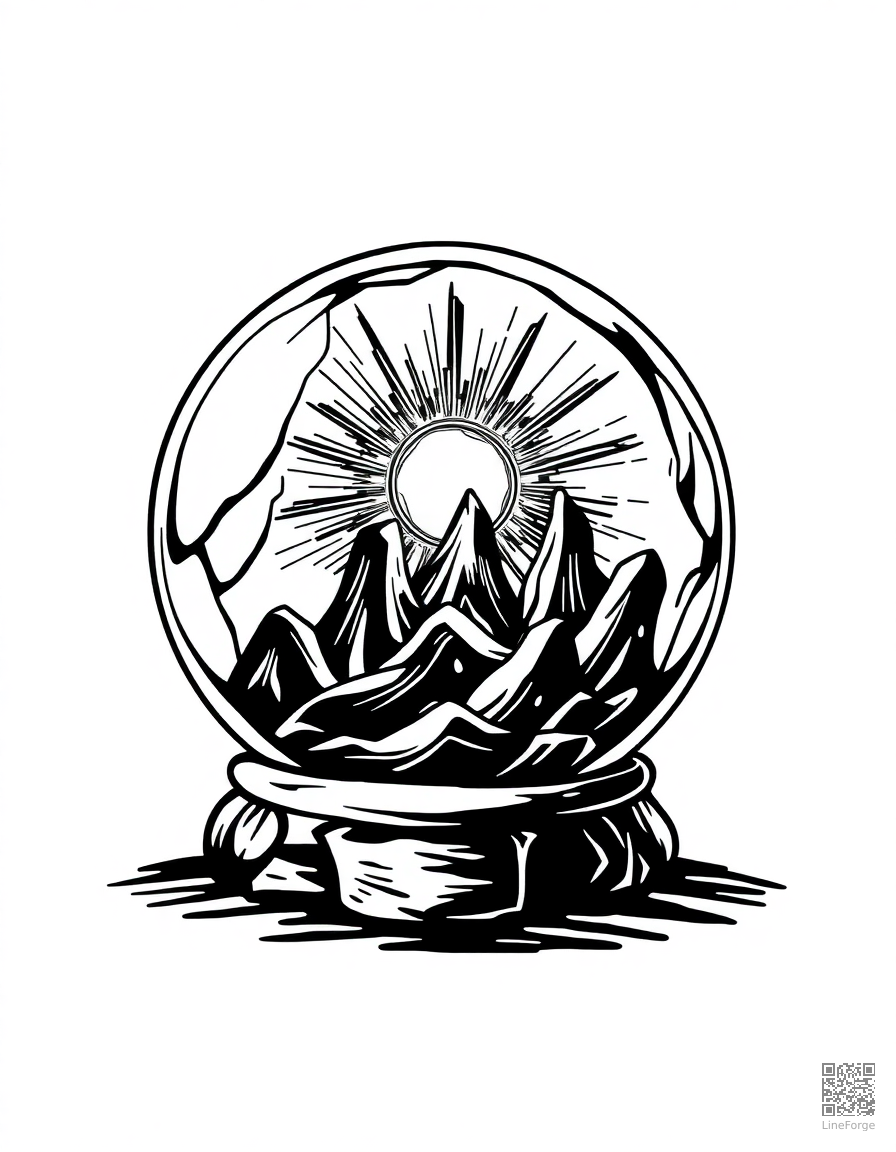 crystal ball showing a magical vision coloring page Woodcut style - free printable