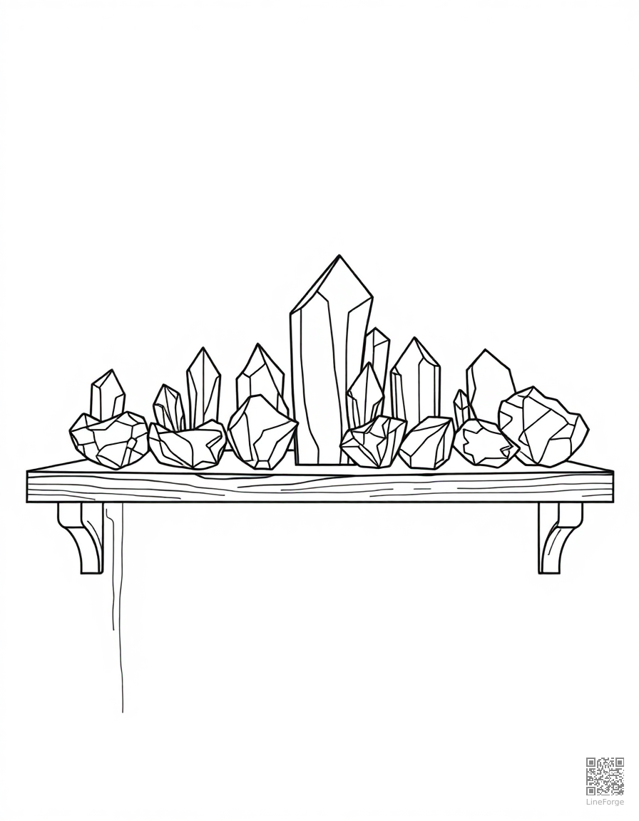 crystal collection on a wooden shelf coloring page Contour style - free printable